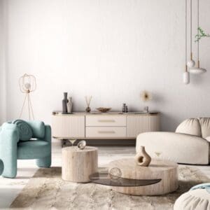A contemporary living room features Placeholder Product 1, highlighted by a round wooden coffee table, green chairs, and a white sofa. Pendant lights illuminate the space above, while a decorated sideboard rests against the wall.